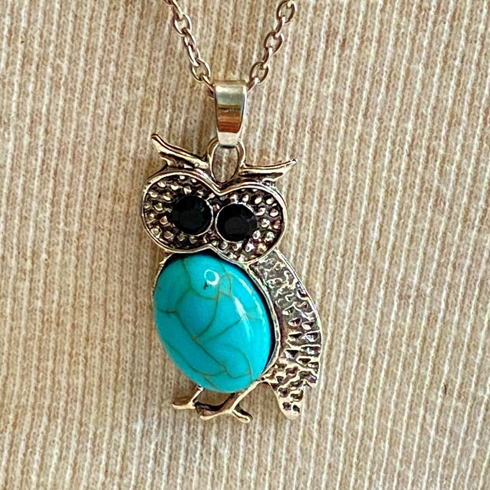 💎Owl Pendant Necklace Faux Turquoise Belly Silver Tone Black Stone Eyes
